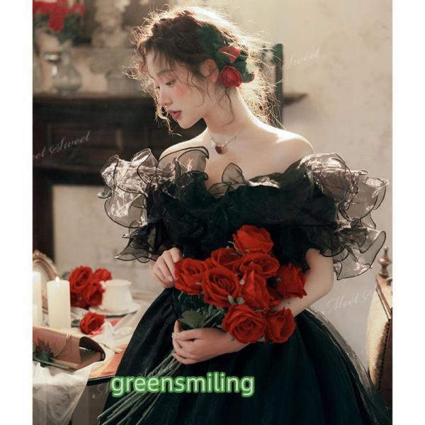 カラードレス プリンセス ブラック オフショルダー ボリューム オーガンジー ウェディングドレスドレ...