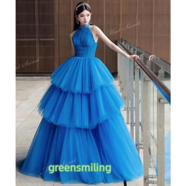 カラードレス プリンセス ロイヤルブルー ホルターネック ウェディングドレス チュール フリル 演奏...