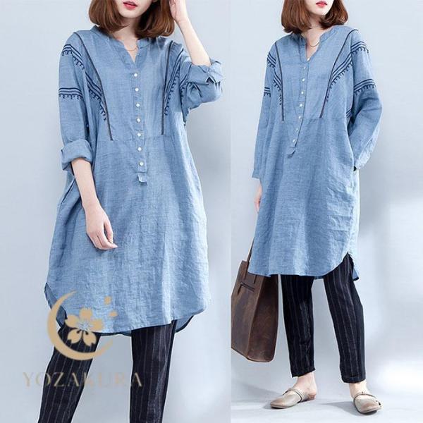 チュニックシャツ シャツ レディース チュニック刺繍 刺繍シャツ 長袖 夏服 春服 秋服 ミセス 大...