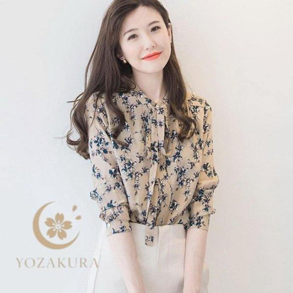 ブラウス レディース 40代 春夏秋 オシャレブラウス 花柄 シフォンシャツ 長袖トップス リボンネ...