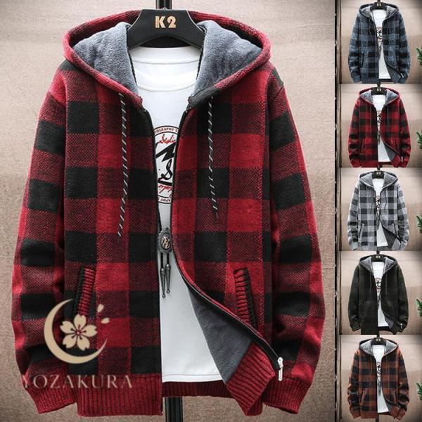 カーディガン ニットセーター メンズ パーカー 防寒ジャケット 厚手 裏起毛 チェック柄  春物 ア...