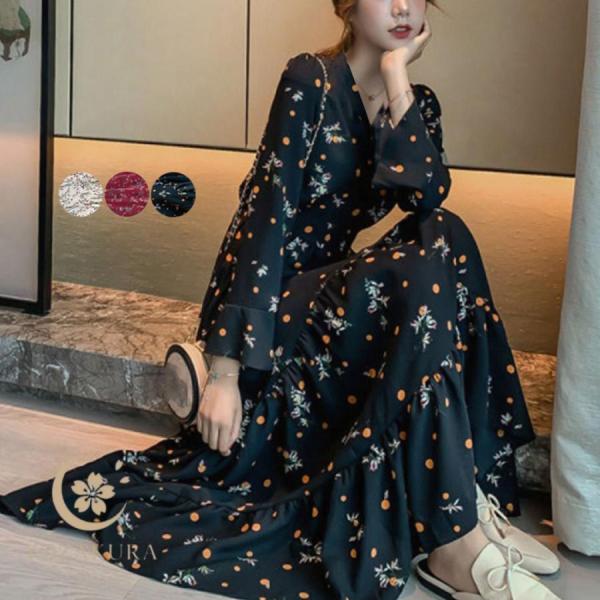 ティアードワンピース 長袖 ロングワンピ