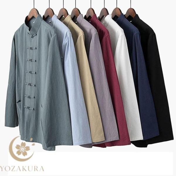 カジュアルシャツ メンズ チャイナ服 チャイナシャツ 長袖 綿麻シャツ スタンドカラー リネンシャツ...