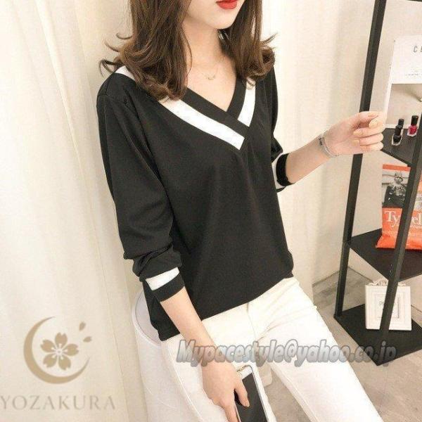 Tシャツ レディース 春 夏 秋 ゆったり目 ロングＴ 長袖 トレーナー ー 長袖 Ｖネック カワイ...