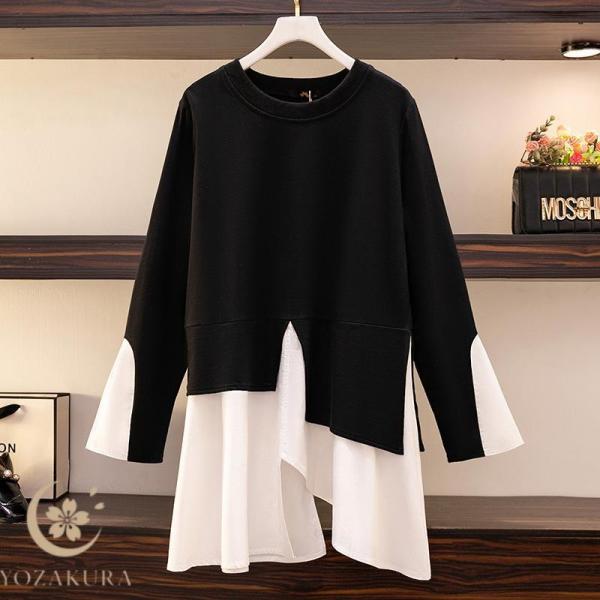 レディース 女性 秋 新作 大きいサイズ カラースプライシング ツートーンカラー フェイクレイヤー長...