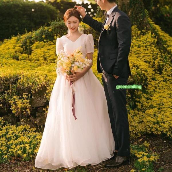 ウェディングドレス 半袖 ふんわり Vネック ロングドレス Aライン ロング 二次会 結婚式 披露宴...