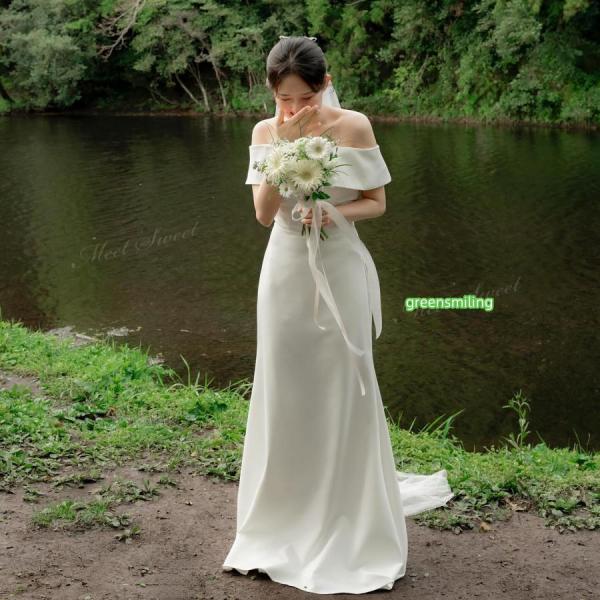 ウェディングドレス マーメイド サテン オフショルダー シンプル ロング 二次会 結婚式 披露宴 前...