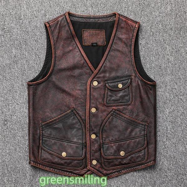 春夏秋冬　本革　ベスト　メンズ　レザーベスト　牛革  ジレベスト　ベスト  前開き　チョッキ　バイク...