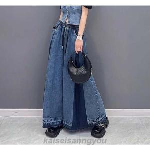 ワイドパンツ デニム レディース 切り替え フ...の詳細画像2