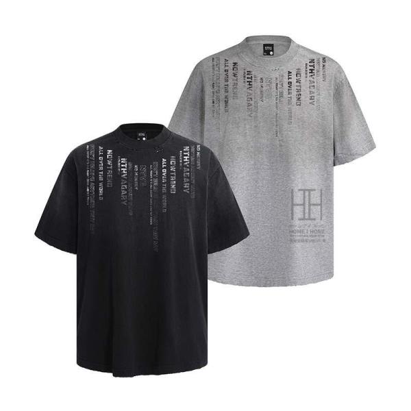 半袖Tシャツ メンズ 丸首 ヘビーウェイト 厚手 ウォッシュ加工 プリント 英文字 縦組 ほつれ加工...