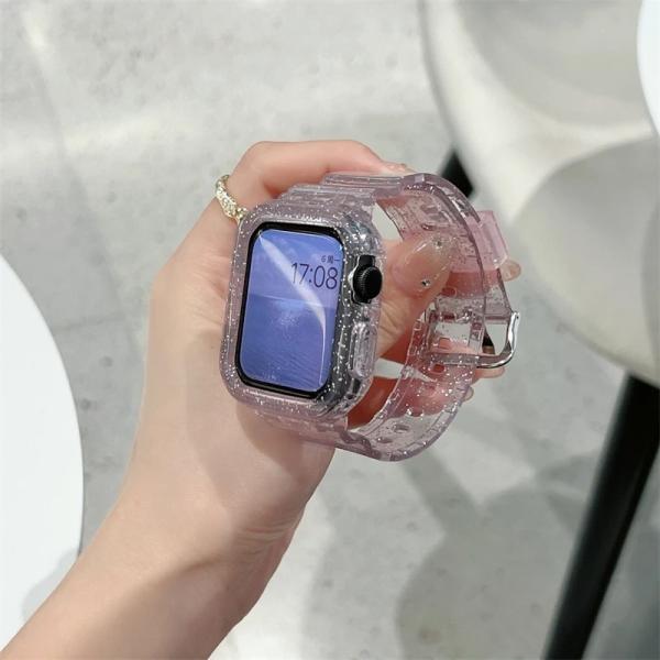 Applewatch バンド ケース 一体型 クリア 透明 ラメ グリッター シリコン 防水 可愛い...