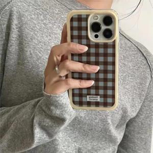 iPhone ケース カバー 韓国 ギンガムチェック 格子柄 チェック チョコミント 青 ブルー 茶色 かわいい レトロ フチ 厚め おしゃれ Y2K スマホ 持ちやすい 大人