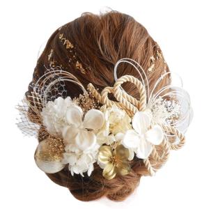 Lomeri ロメリ１１色展開 髪飾り 水引 金箔 ドライフラワー 成人式 卒業式 結婚式 和装 (白ゴールド) S2