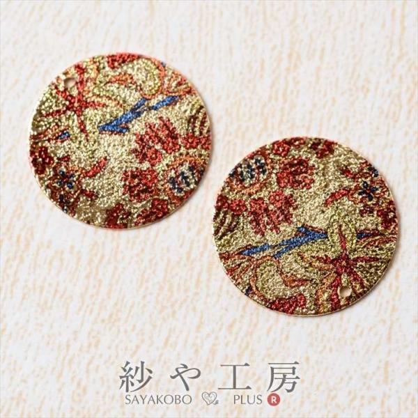 メタルチャーム ラウンド レッドボタニカル柄(径約20mm)2個 カラフルxゴールド 通し穴付き  ...