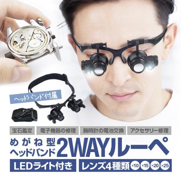 LEDライト付き メガネ型ルーペ ヘッドルーペ 左右独立角度調整 レンズ4種類付属 10倍/15倍/...