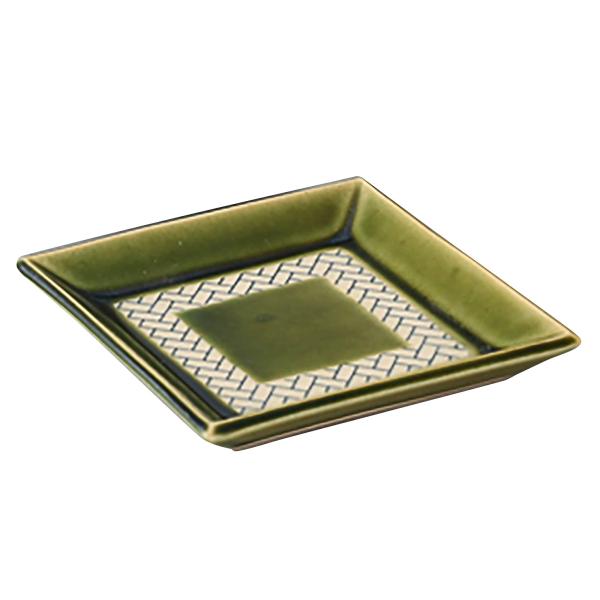 瀬戸焼 角 皿 プレート 小 約11cm 格子 緑 織部 日本製