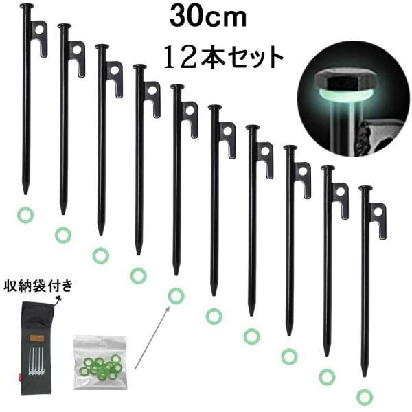 鍛造 ペグ 30cm 12本セット キャンプ最適 収納ケース付き 蛍光リング付属 黒カチオン電着塗装...