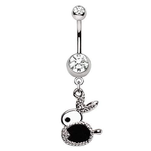 14G Black and White Bunny Rabbit Dangle Steel Bell...