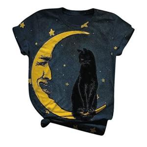 Women Short Sleeve T-Shirt Tops Black Cat Cresent Moon Animal Colorful Pain｜ysysstore