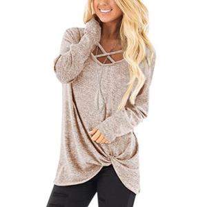 Womens Tops V Neck Warm Long Sleeves Solid Fall Sweater Twist Knot Tunics M｜ysysstore