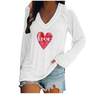 Valentines Day Shirt for Women Love Heart Print V-Neck Long Tunic Tops Long｜ysysstore
