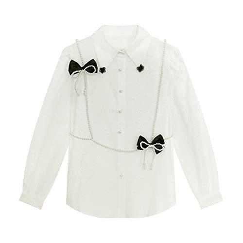 Women&apos;s Cute Pearl Bowknot Button Down Shirt Autum...