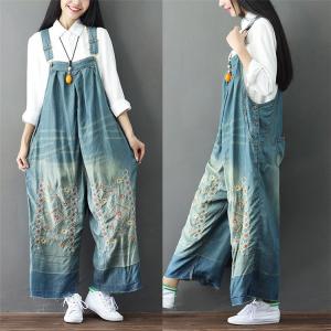 花柄刺繍 サロペット デニム ゆったり レディース オーバー...