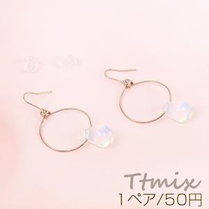 フープ×天然石ピアス 金属フックピアス シンセティックミルキークォーツ 雫（1ペア）