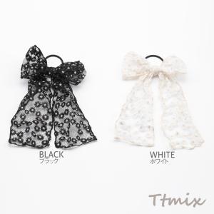 ヘアゴム フラワー 透かしレース ロングリボン...の詳細画像1