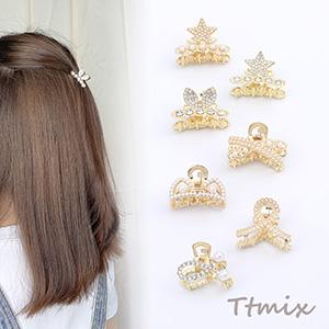 MINIバンスクリップ メタルヘアクリップ  パール付き ラインストーン付き ゴールド