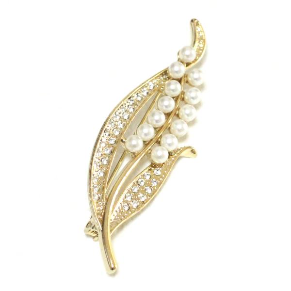 【ゆうパケット送料無料】ブローチ/細長スタイリッシュ 小粒パール  br80☆ゴールド フォーマル ...