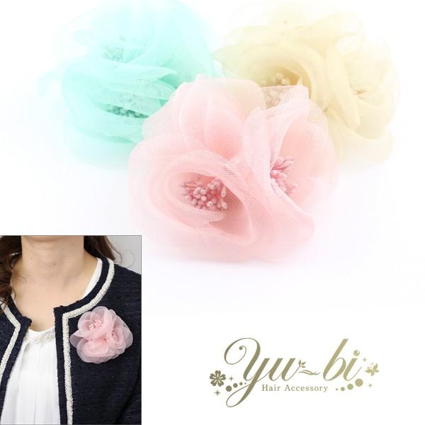 コサージュ/３連のお花 きらきらラメ ヘアクリップ 安全ピン c65☆緑/ピンク/ベージュ  髪飾り...