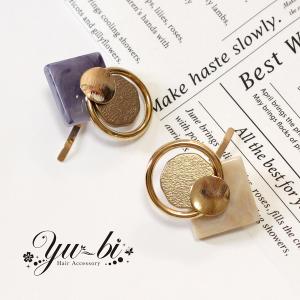 【ゆうパケット送料250円】ポニーフック/大人スタイル 天然石風スクウェアモチーフ ゴールドプレート pn160☆ホワイトベージュ/紫 ヘアアクセサリー 髪飾り