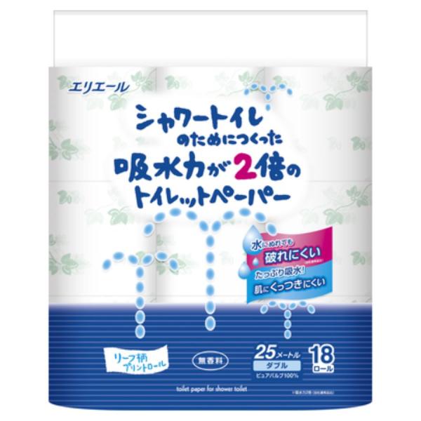 エリエール シャワートイレのためにつくった吸水力が2倍のトイレットペーパー ダブル 25m 18ロー...