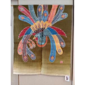 麻のれん茶緑地鳳凰柄90×100