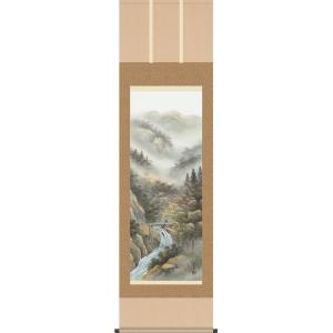 掛軸 掛け軸 水墨山水 酒井渓水 尺八立 約横71×縦190cm b1143 山水