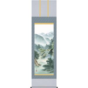 掛軸 (掛け軸) 水墨山水 木村挙山 尺八立 約横65×縦197cm p9799 山水