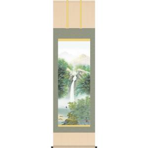 山水掛軸 尺八立 『水墨山水』箕輪 翠香（みのわ すいか）画伯 京緞子