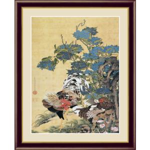 伊藤若冲 紫陽花双鶏図 （F6サイズ）（紐・フック付） 日本の名画 約縦52×横42cm インテリアアート（額絵） 伝統の日本画 g5577 額入り アート リビング 玄関｜yuinouyasan