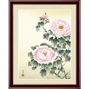 富貴花 近藤玄洋 （F6サイズ）（紐・フック付） 花鳥画 年中飾り 約縦52×横42cm インテリアアート（額絵） 伝統の日本画 g5748 額入り アート リビング 玄関｜yuinouyasan