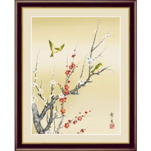 紅白梅に鶯 北山歩生 （F6サイズ）（紐・フック付） 花鳥画 春飾り 約縦52×横42cm インテリアアート（額絵） 伝統の日本画 g5778 額入り アート リビング 玄関｜yuinouyasan