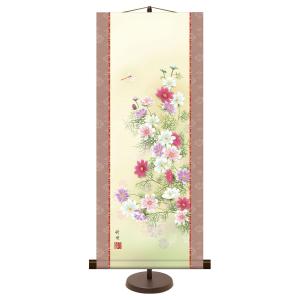 掛軸 (掛け軸) 和風モダン掛 秋用 秋桜 田村竹世 約横31cm×縦75cm (専用スタンド付) g6352 KM2A9-033 秋 秋掛 秋掛け 花鳥 コスモス｜yuinouyasan