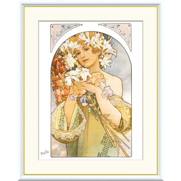 ミュシャ 花（F8サイズ）（紐・フック付） 約縦61×横49.5cm インテリアアート（額絵） 世界...