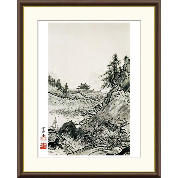 雪舟 秋冬山水図　秋 （F8サイズ）（紐・フック付） 日本の名画 約縦61×横49.5cm インテリ...
