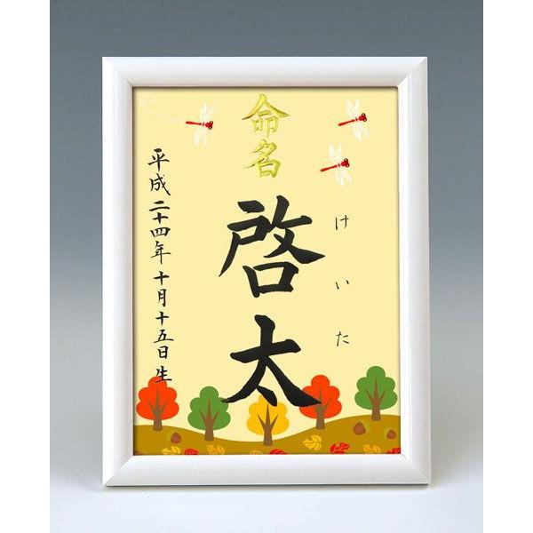 デザイン命名書 A5ホワイト額（赤トンボ）結納屋さんの毛筆手書き命名書