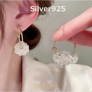 ピアス レディース 金属アレルギー対応 両耳2点 18K ピアス フープ 花 フラワー 小花 アクリル ループ イエローゴールド シルバー925｜yuj-shop