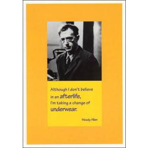 ポストカード モノクロ写真 ウディ・アレン 映画監督 私は死後の世界は信じてないが、下着は変えている