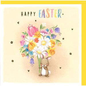 ミニグリーティングカード イースター「花束を持つうさぎ」 メッセージカード イラスト かわいい｜yujinia-yh