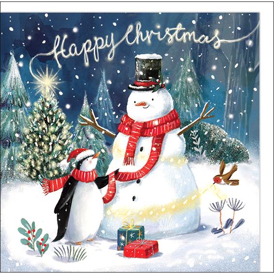 グリーティングカード クリスマス ペンギンと雪だるま 封筒付き イラスト