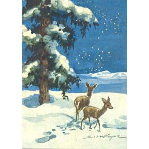 ポストカード アート クリスマス ケーガー 雪原の二頭の鹿 105×148mm 名画 郵便はがき メッセージカード｜yujinia-yh